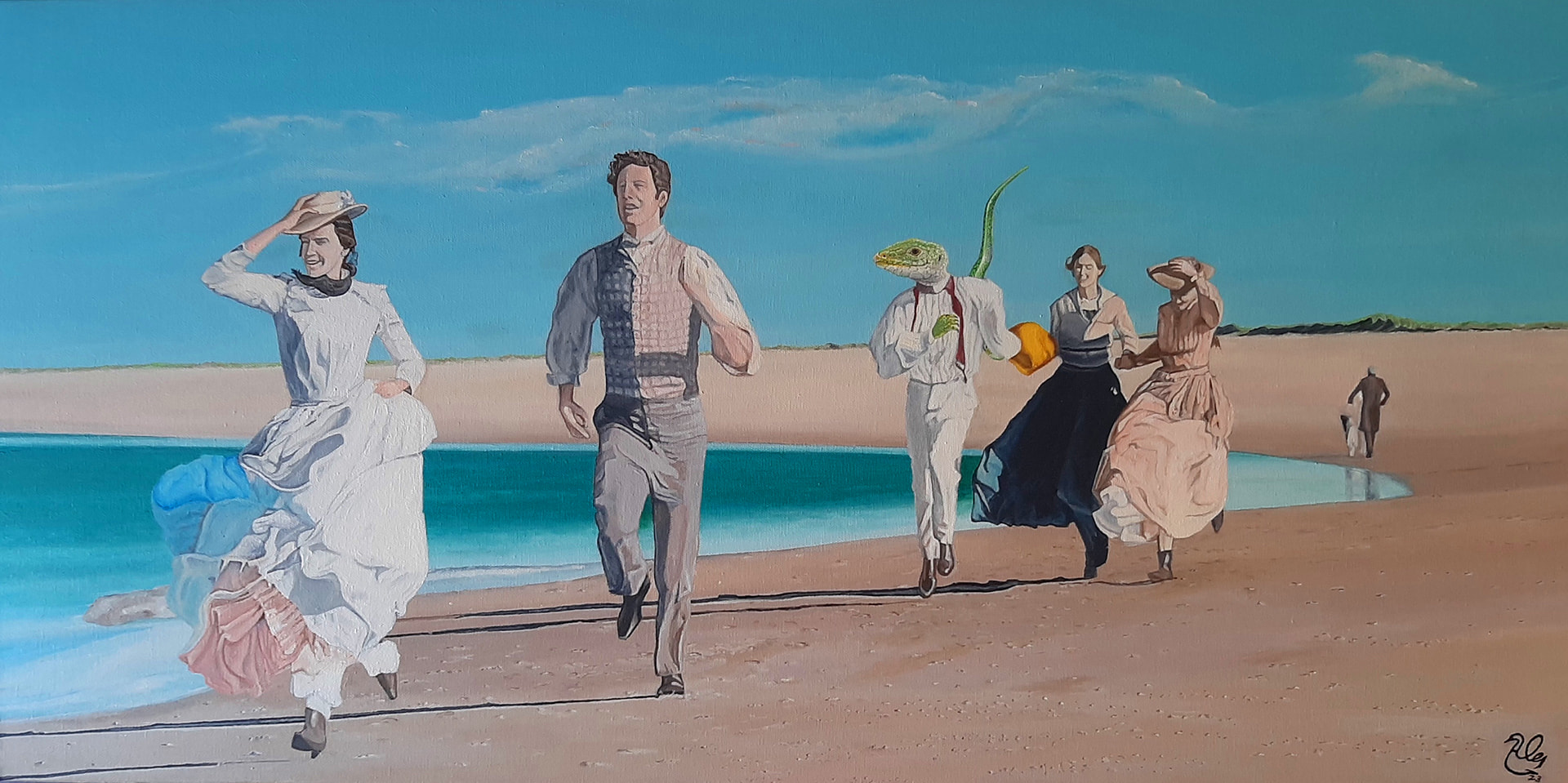 Alessandro Bini, Corsa sulla spiaggia, 2023, acrilico su tela, 50x100 cm Alessandro Bini, Corsa sulla spiaggia, 2023, acrilico su tela, 50x100 cm