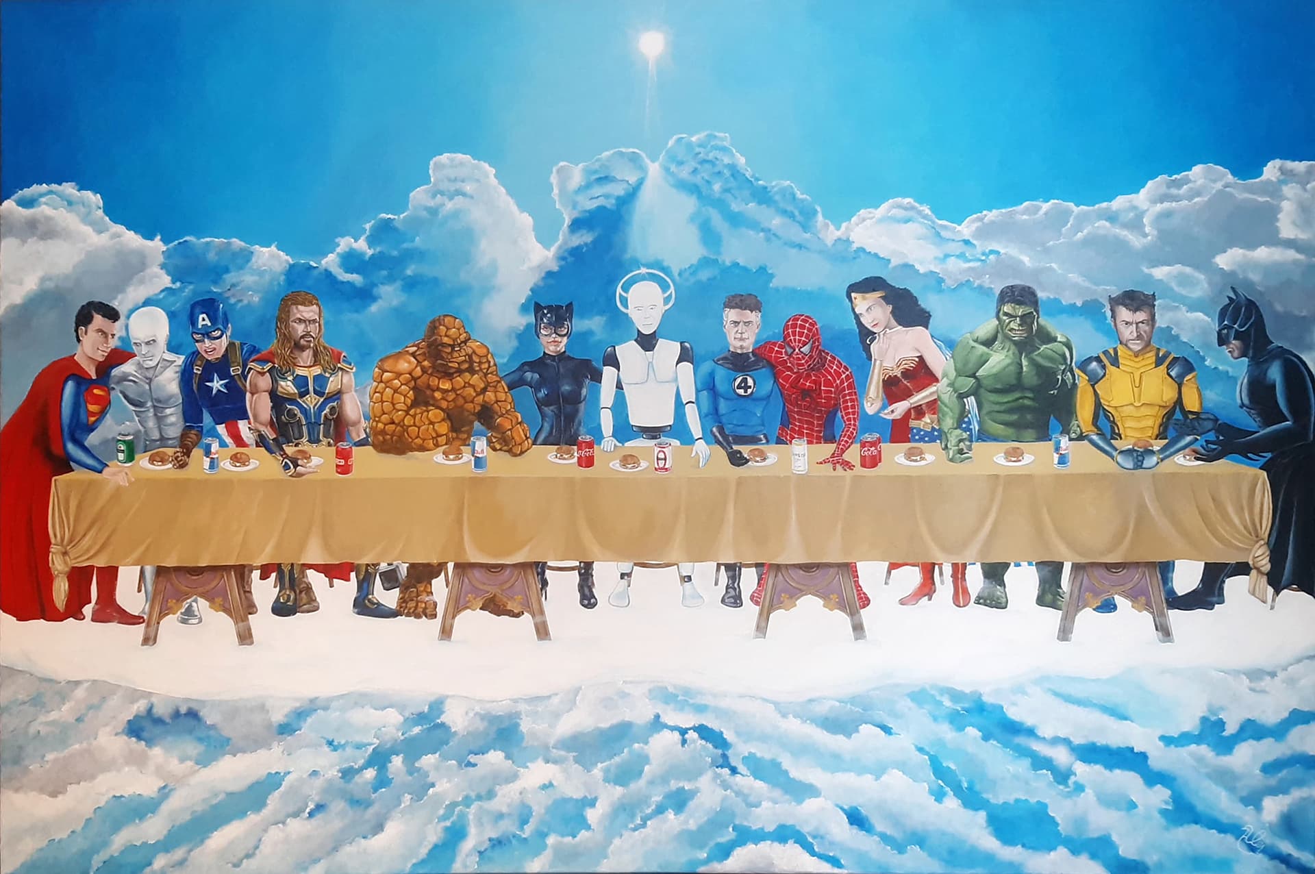 Alessandro Bini, L'Ultima Cena dei Supereroi con il nuovo Messia, 2026, acrilico su tela, 80x120 cm Alessandro Bini, L'Ultima Cena dei Supereroi con il nuovo Messia, 2026, acrilico su tela, 80x120 cm